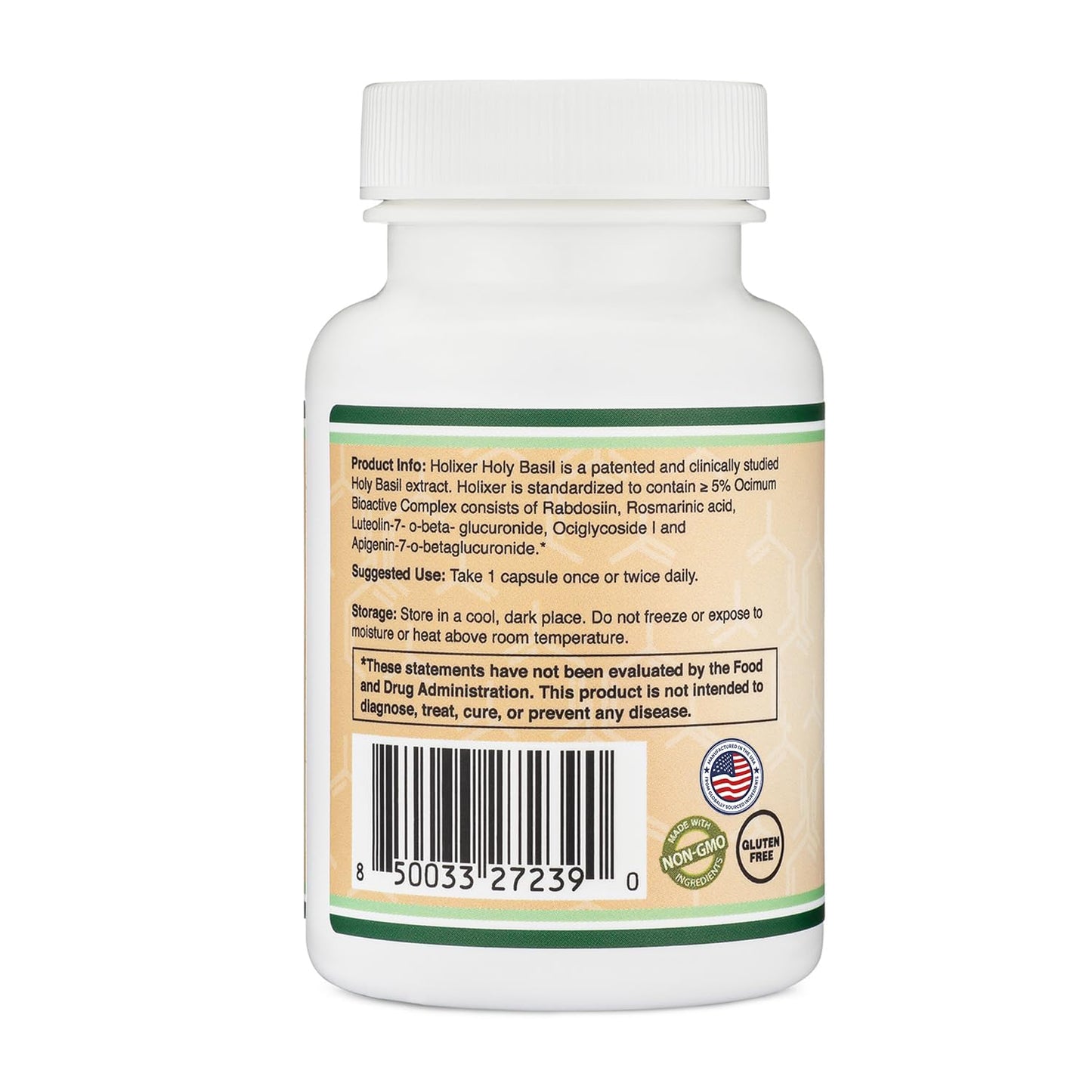 Authentic USA imported Double Wood Holy Basil supplement bottle