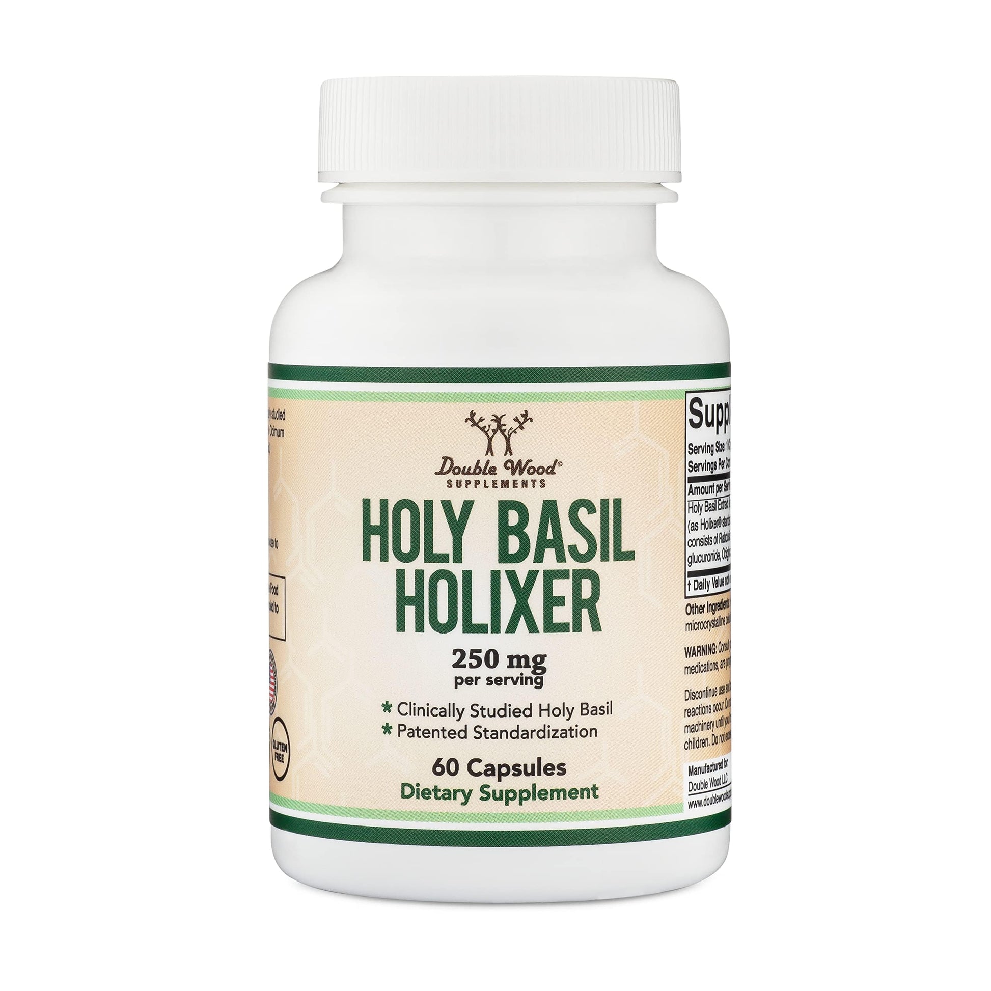 Side profile of Double Wood Holixer Holy Basil bottle