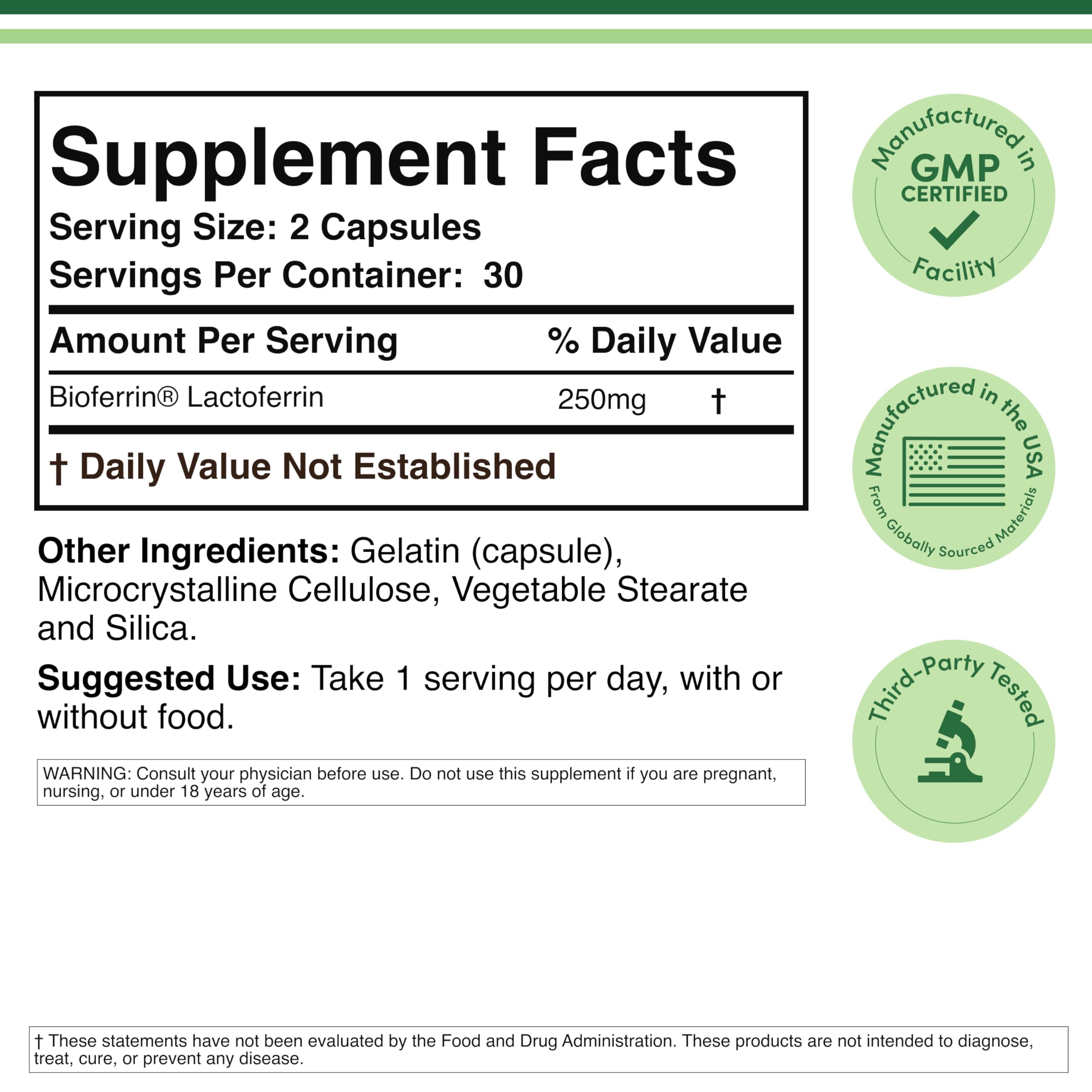 Double Wood Bioferrin Lactoferrin 250mg supplement facts label showing ingredients