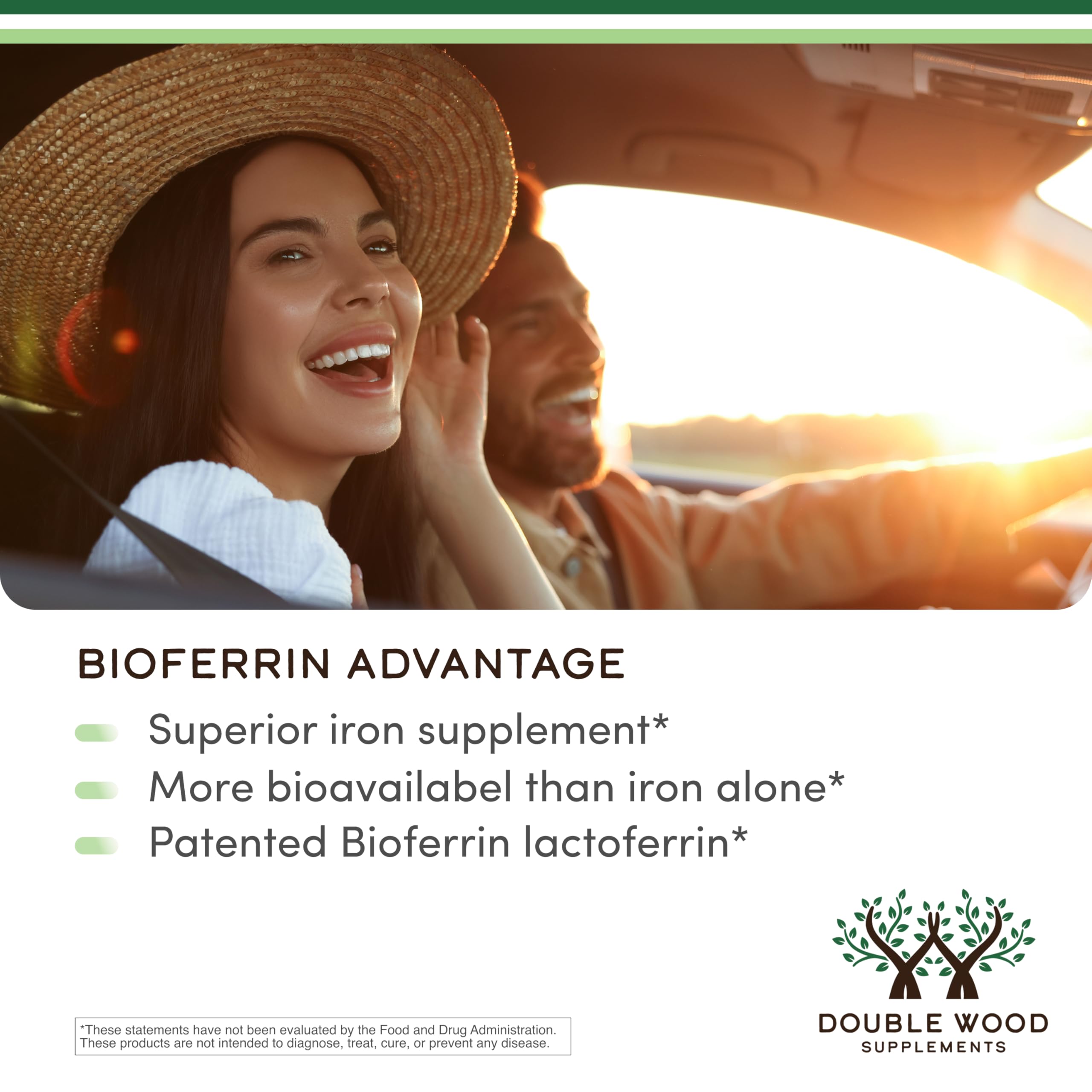 USA imported Double Wood Lactoferrin bottle showing non-GMO and gluten-free badges