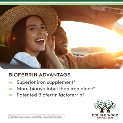 USA imported Double Wood Lactoferrin bottle showing non-GMO and gluten-free badges