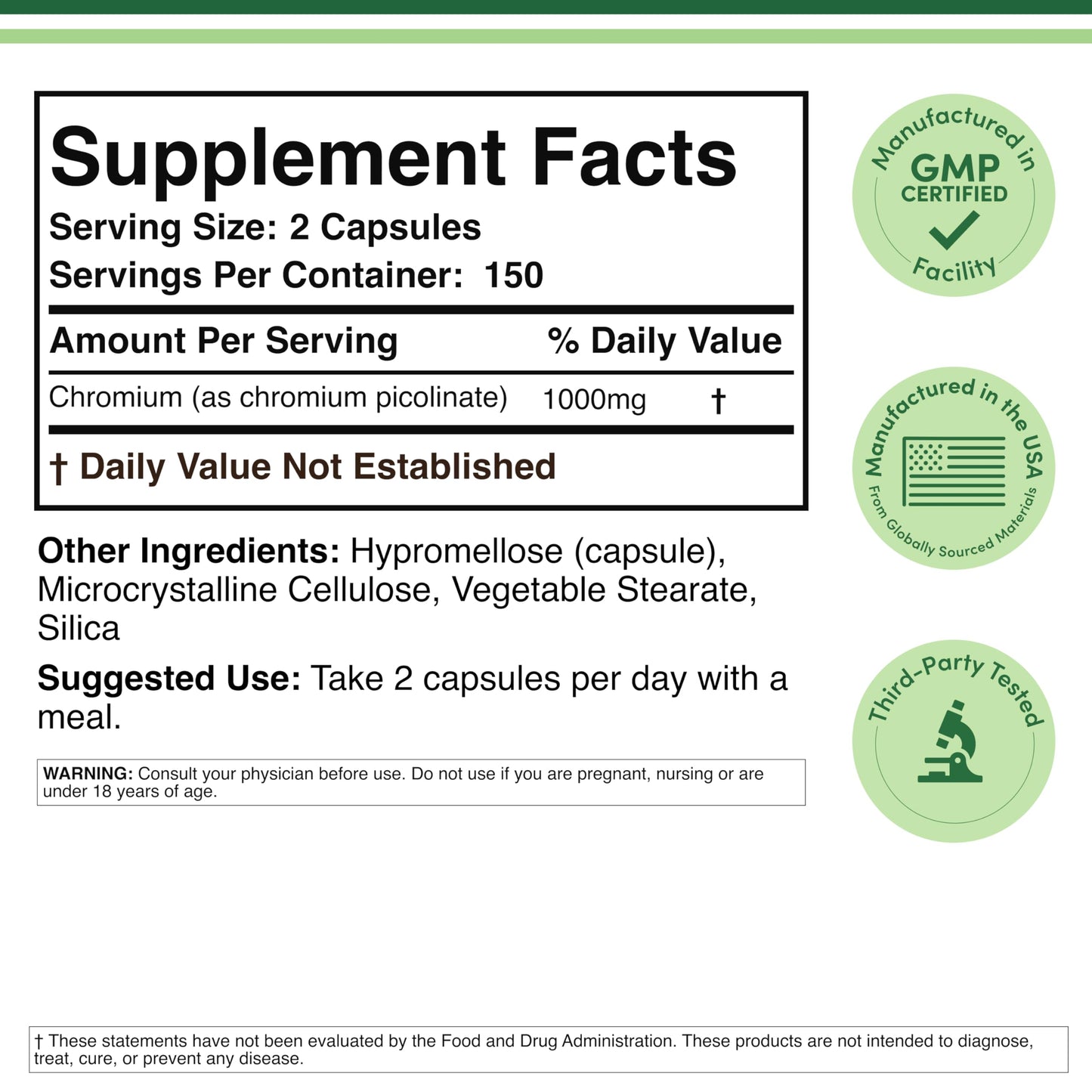 Authentic Double Wood Chromium Picolinate 1000 mcg weight management capsules.
