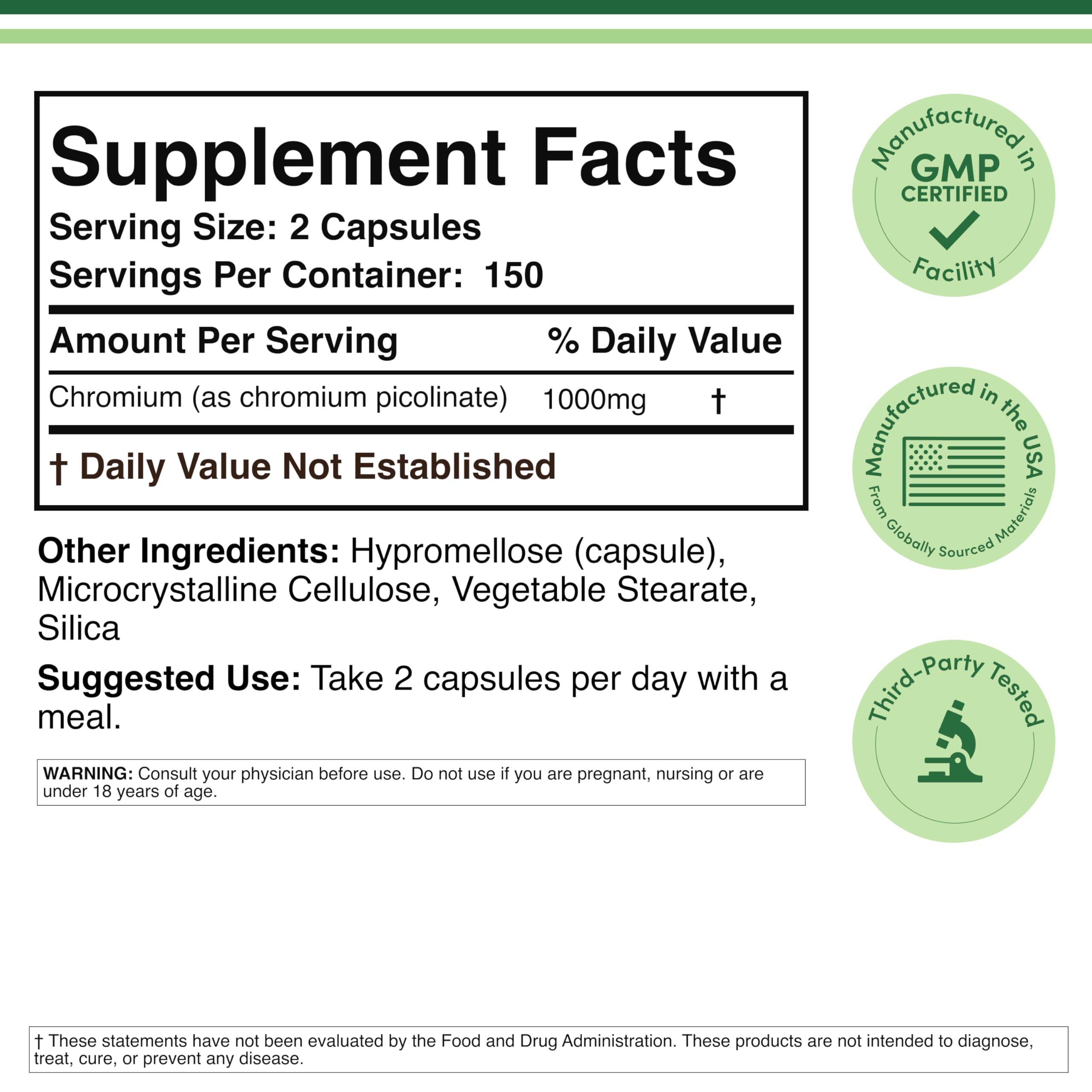 Authentic Double Wood Chromium Picolinate 1000 mcg weight management capsules.