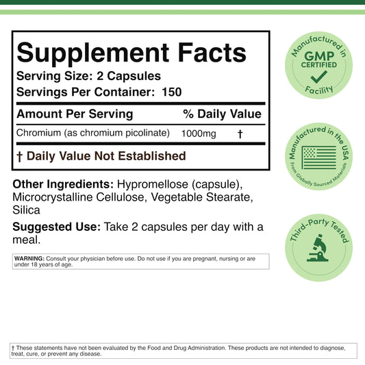 Authentic Double Wood Chromium Picolinate 1000 mcg weight management capsules.
