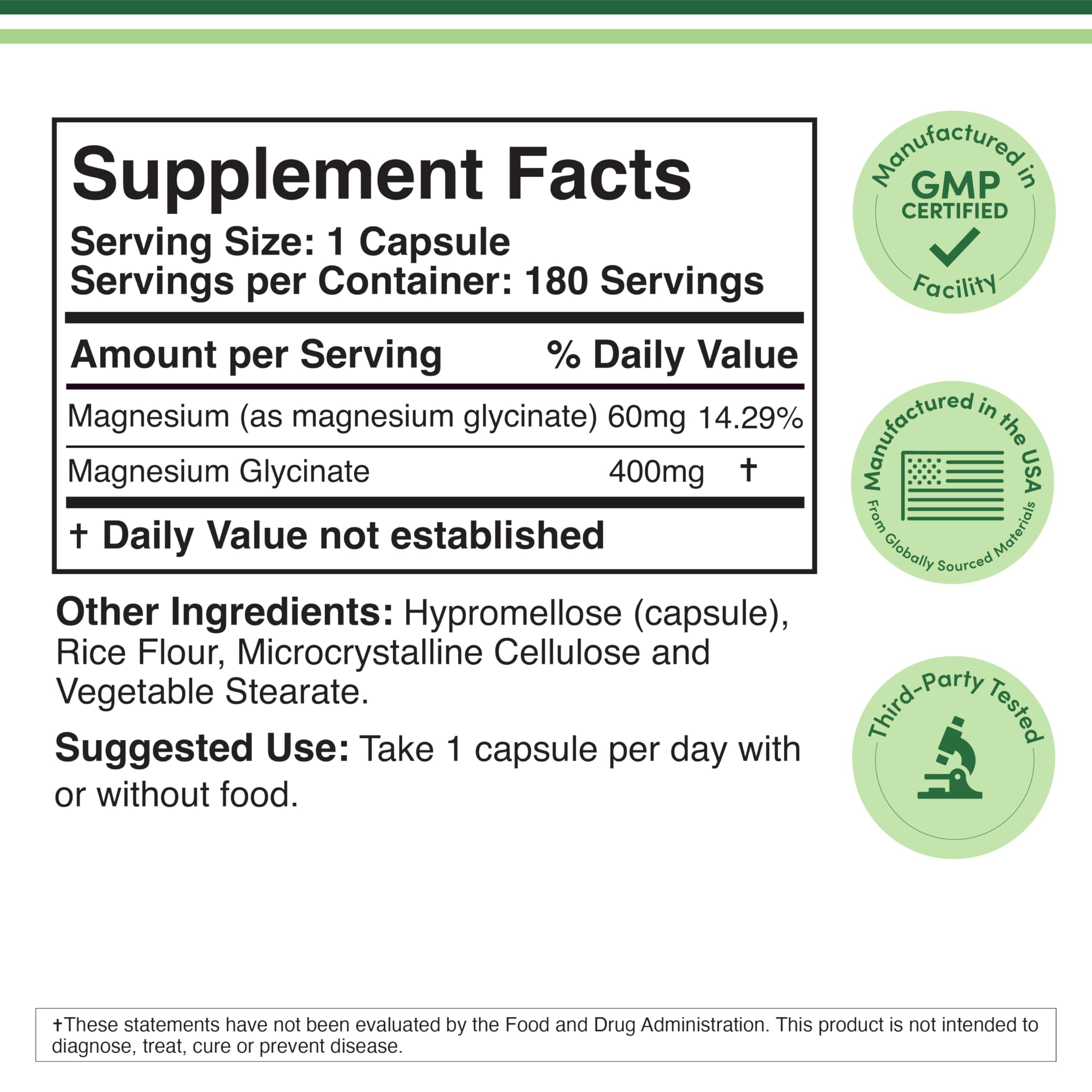 Double Wood Magnesium Glycinate 180 capsules showing supplement facts and elemental magnesium serving details