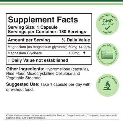 Double Wood Magnesium Glycinate 180 capsules showing supplement facts and elemental magnesium serving details
