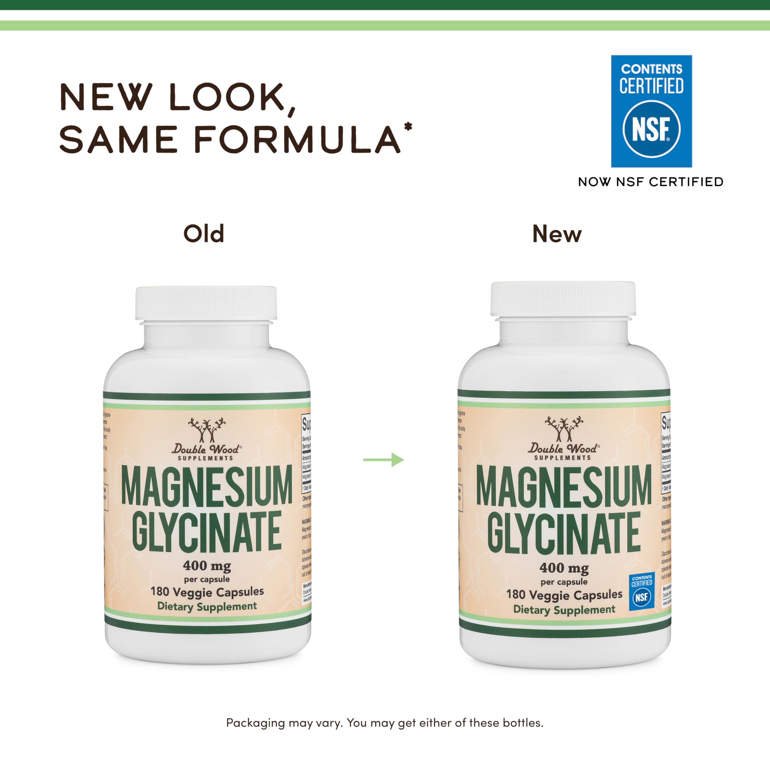 Side view of authentic USA imported Double Wood Magnesium Glycinate displaying vegan and gluten free labels