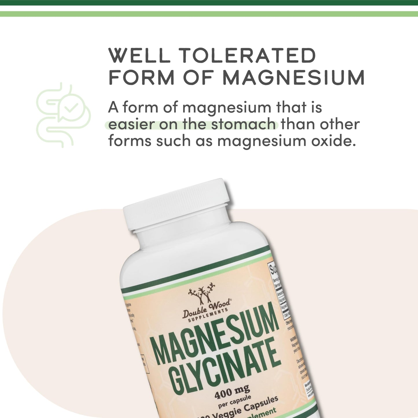 Close up of Double Wood Magnesium Glycinate bottle illustrating muscle recovery and deep relaxation benefits