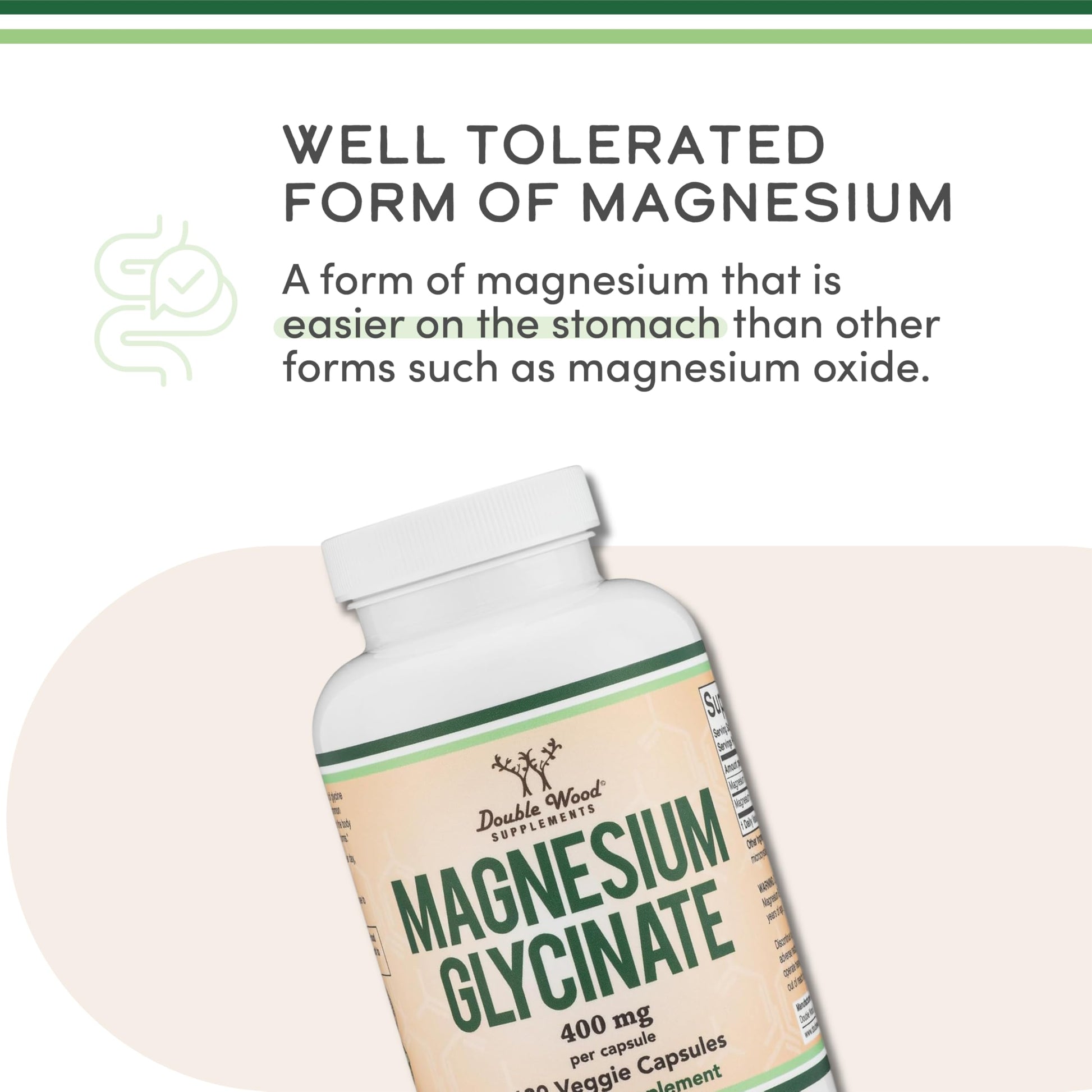 Close up of Double Wood Magnesium Glycinate bottle illustrating muscle recovery and deep relaxation benefits