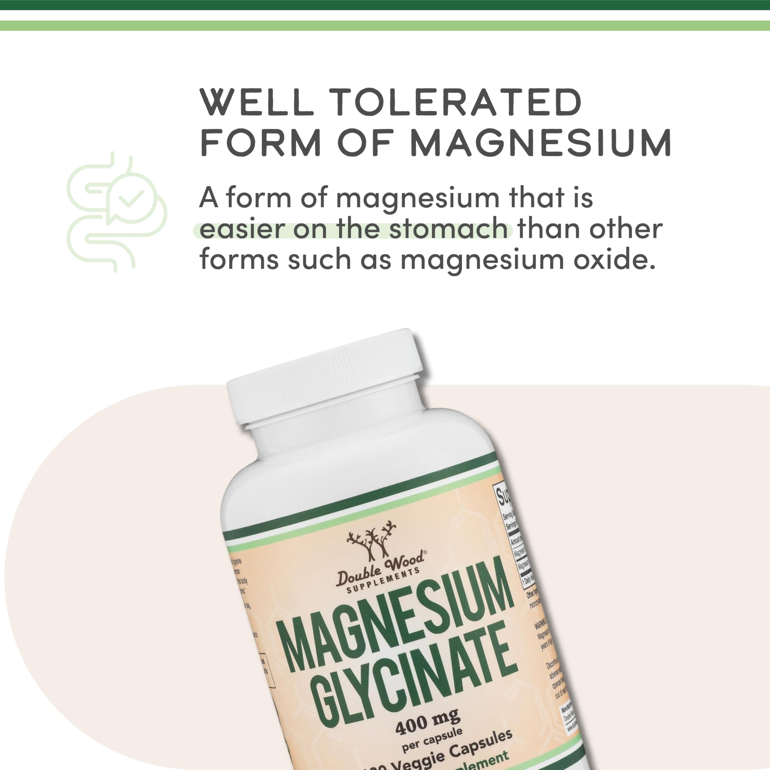 Close up of Double Wood Magnesium Glycinate bottle illustrating muscle recovery and deep relaxation benefits