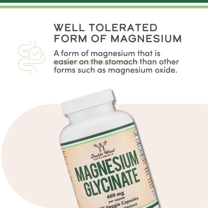 Close up of Double Wood Magnesium Glycinate bottle illustrating muscle recovery and deep relaxation benefits
