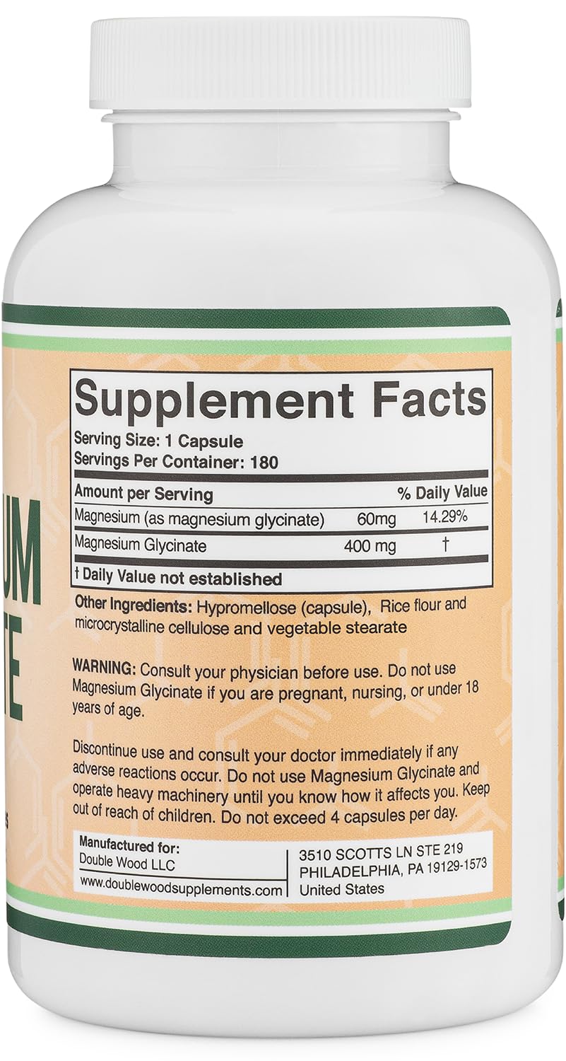 Authentic Double Wood Magnesium Glycinate 400mg showing third party tested certification badge on label