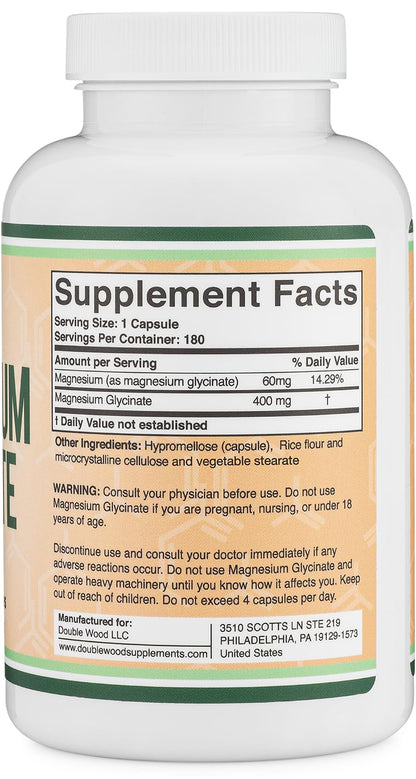 Authentic Double Wood Magnesium Glycinate 400mg showing third party tested certification badge on label