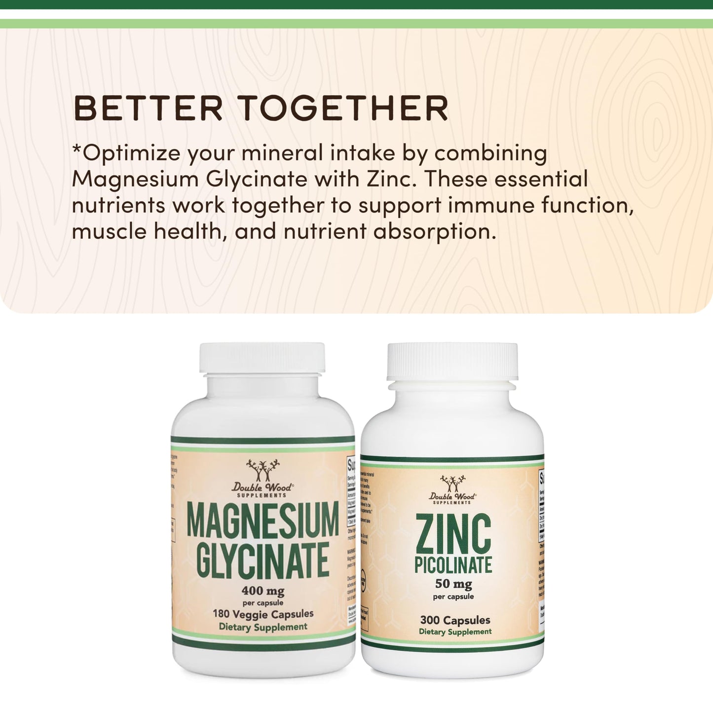 Six month supply bottle of Double Wood Magnesium Glycinate displayed for Indian health and wellness consumers