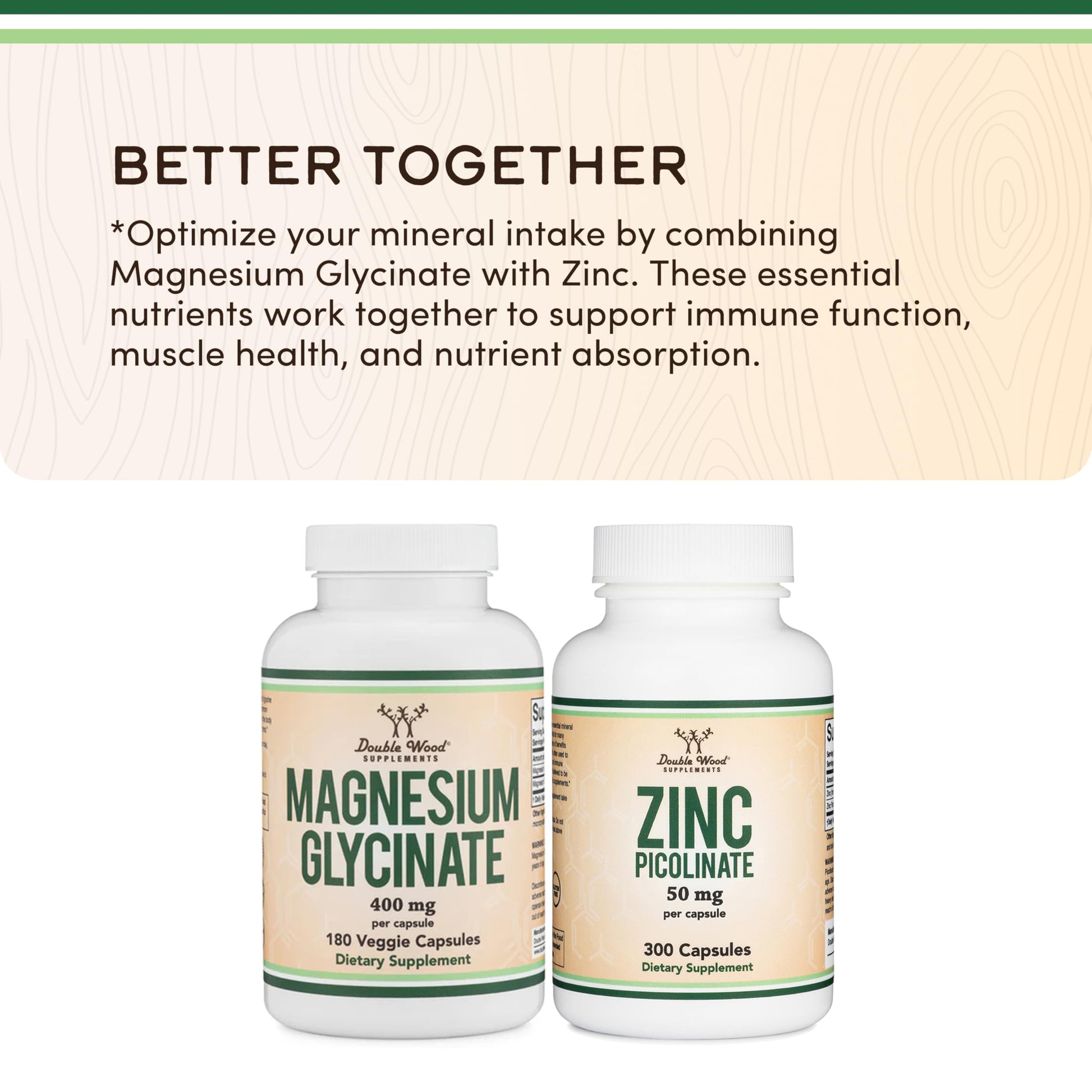 Six month supply bottle of Double Wood Magnesium Glycinate displayed for Indian health and wellness consumers