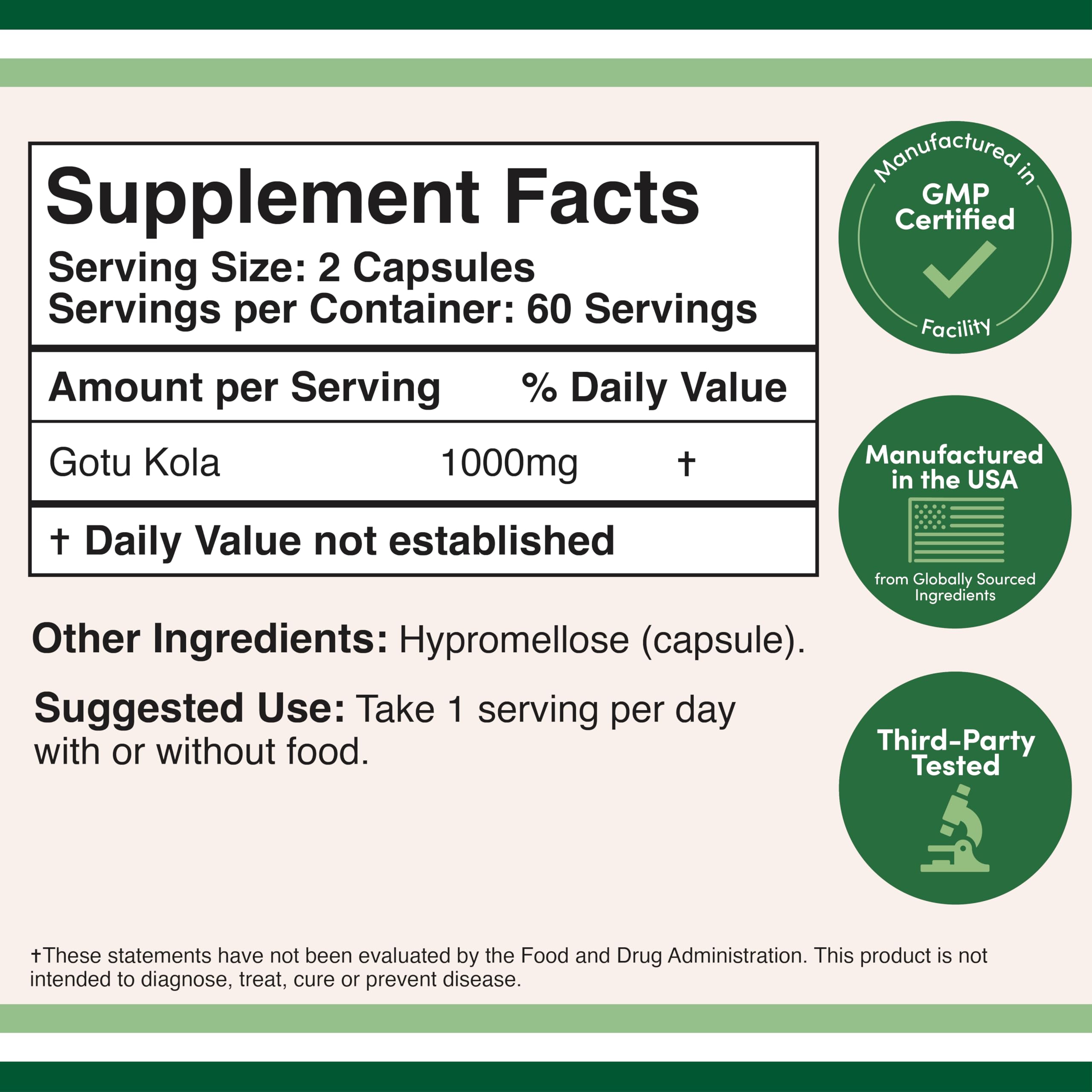 Double Wood Supplements Gotu Kola 120 capsules label showing supplement facts.