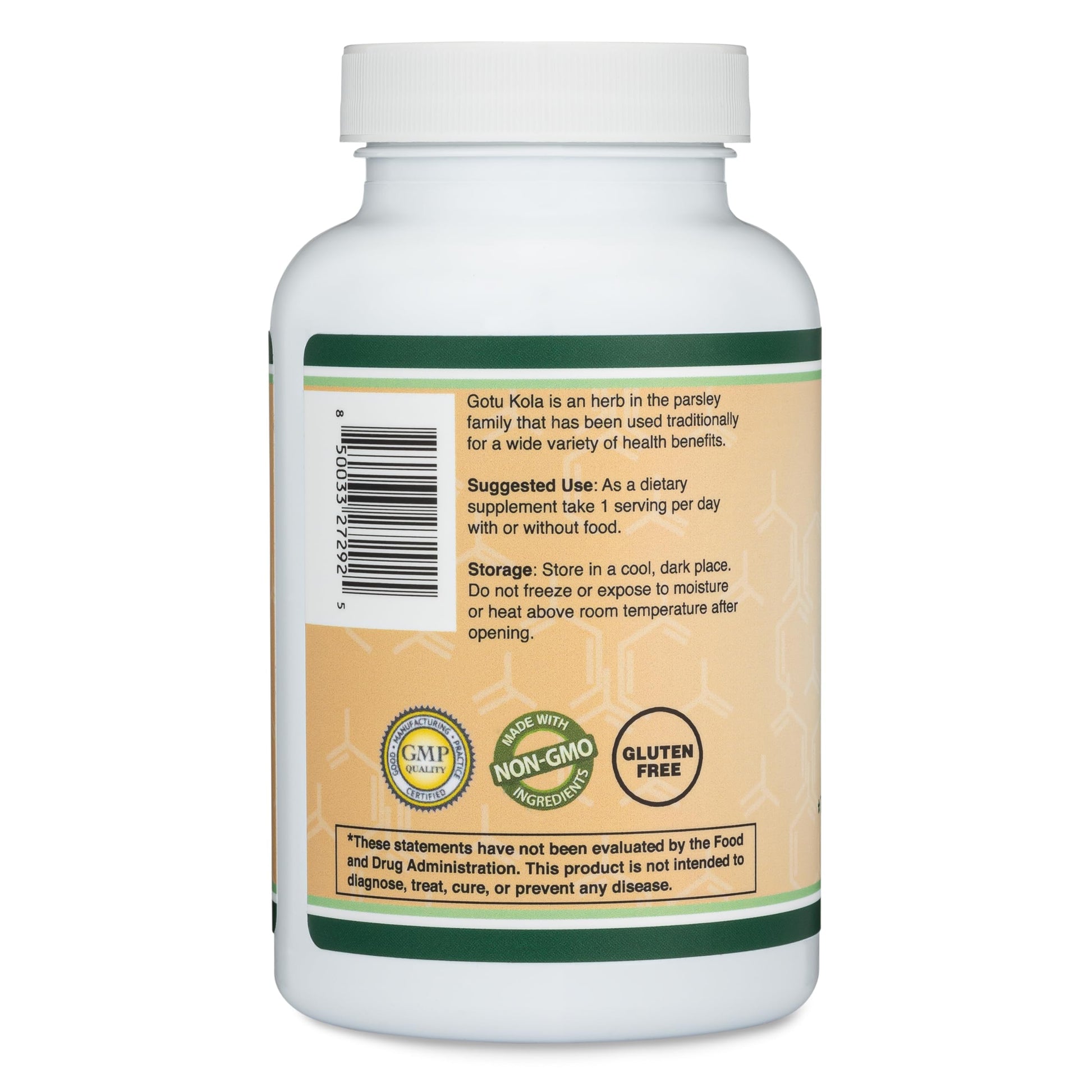 Double Wood Gotu Kola 1000mg serving size information and purity testing details.