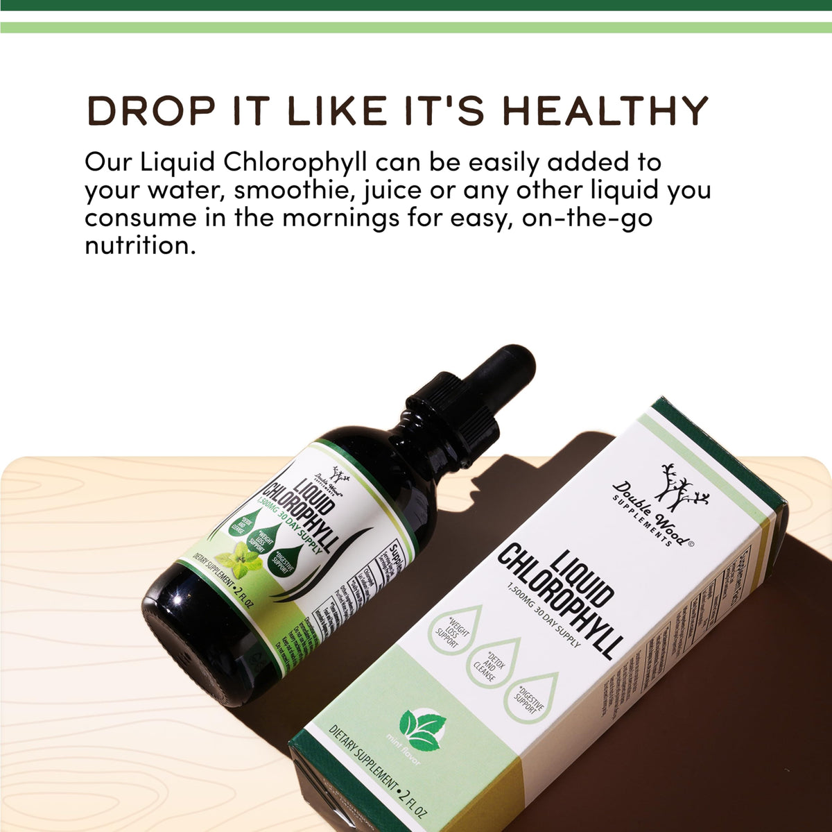 Concentrated mulberry leaf chlorophyll drops mixed into a morning glass of water