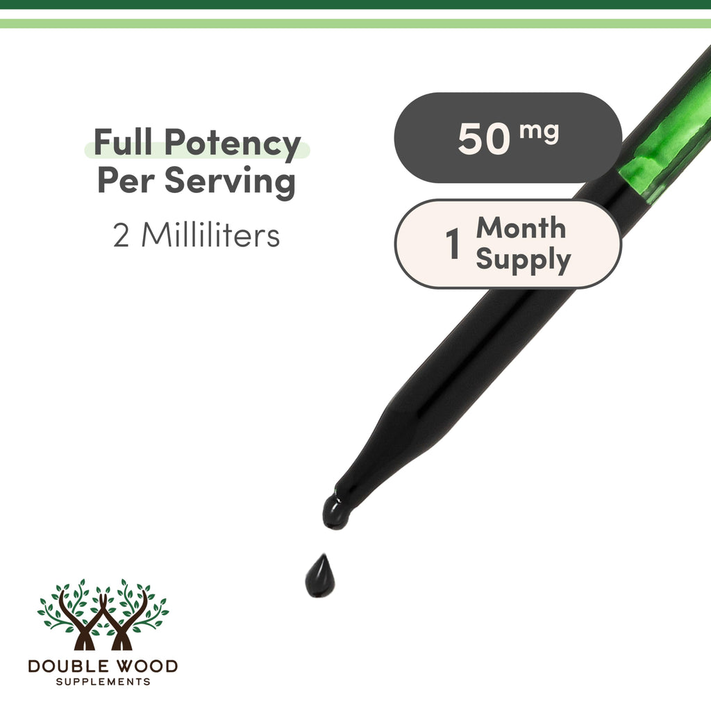 Double Wood liquid chlorophyll bottle label detailing serving size and ingredients