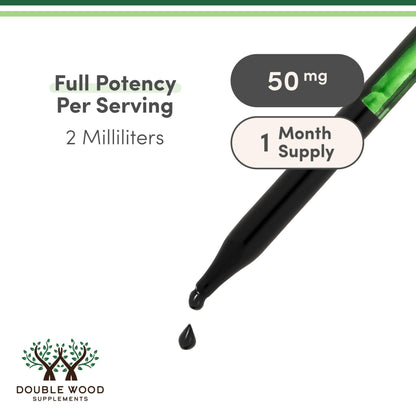 Double Wood liquid chlorophyll bottle label detailing serving size and ingredients