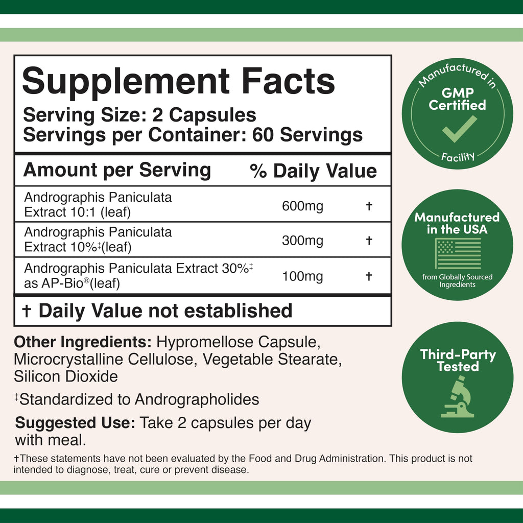 Double Wood Supplements Andrographis bottle side view showing clinical dosage information and AP-Bio patented extract logo.