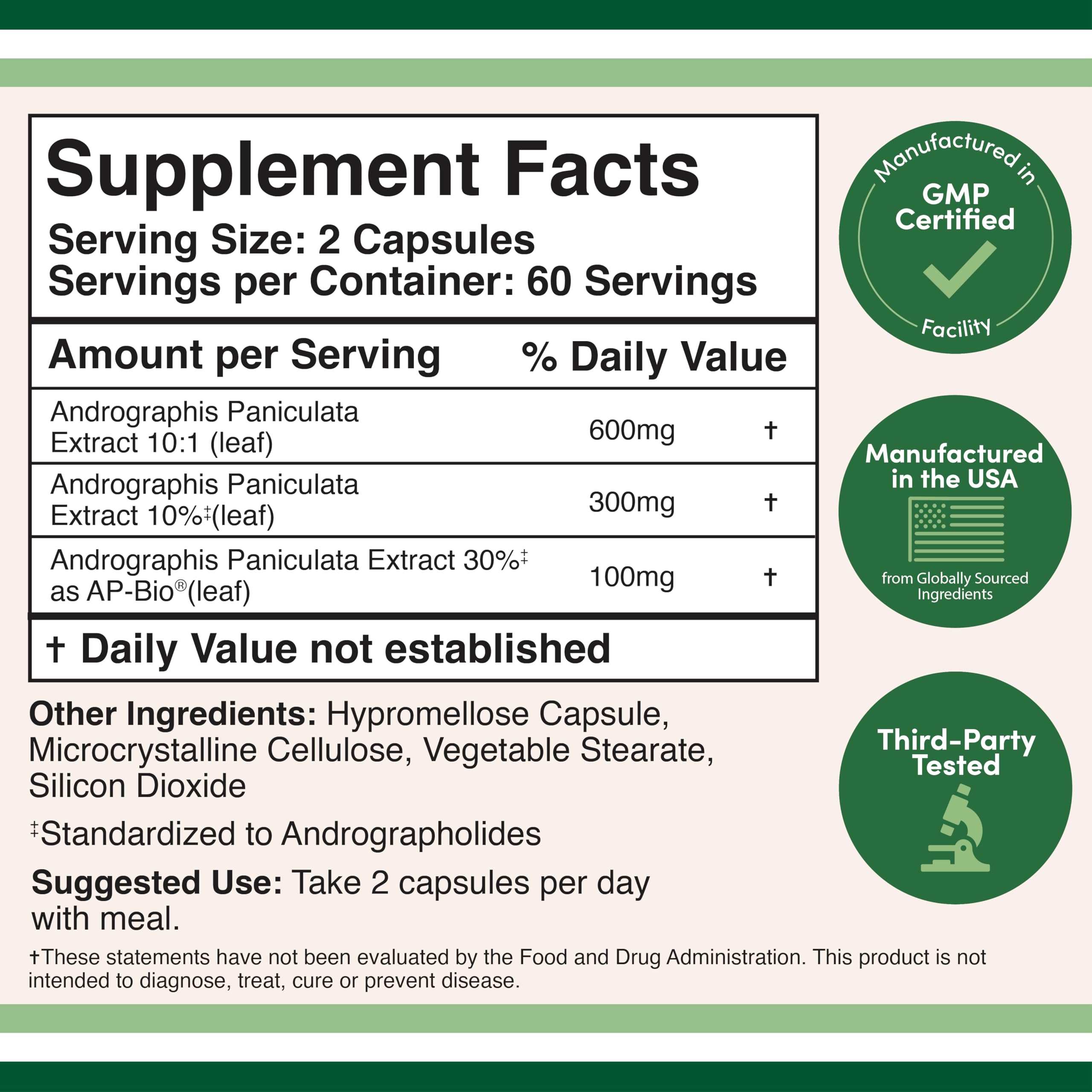 Double Wood Supplements Andrographis bottle side view showing clinical dosage information and AP-Bio patented extract logo.
