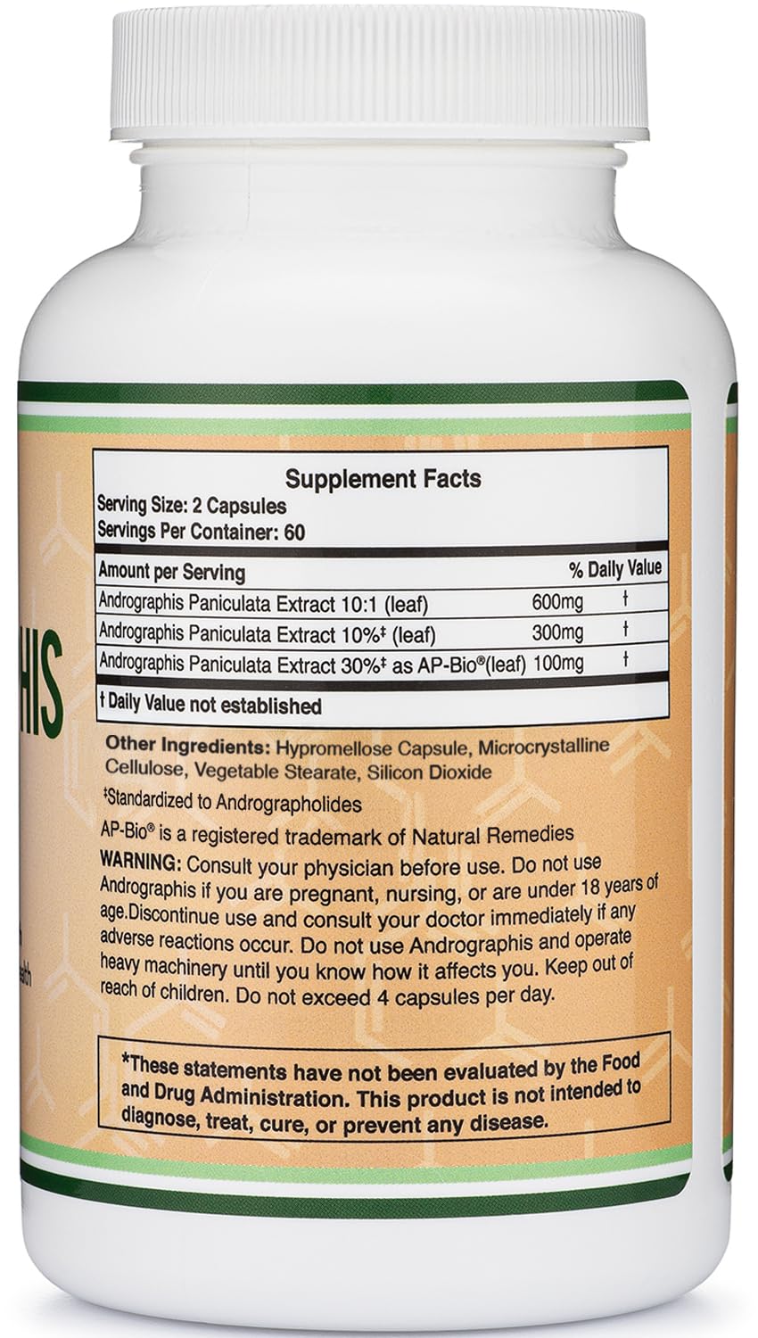 Double Wood Supplements Andrographis capsules supplement facts panel displaying ingredients and 1000 mg serving size.