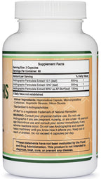Double Wood Supplements Andrographis capsules supplement facts panel displaying ingredients and 1000 mg serving size.