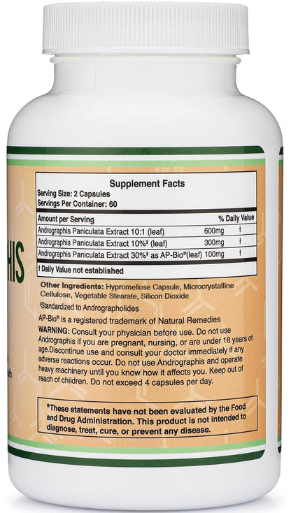 Double Wood Supplements Andrographis capsules supplement facts panel displaying ingredients and 1000 mg serving size.