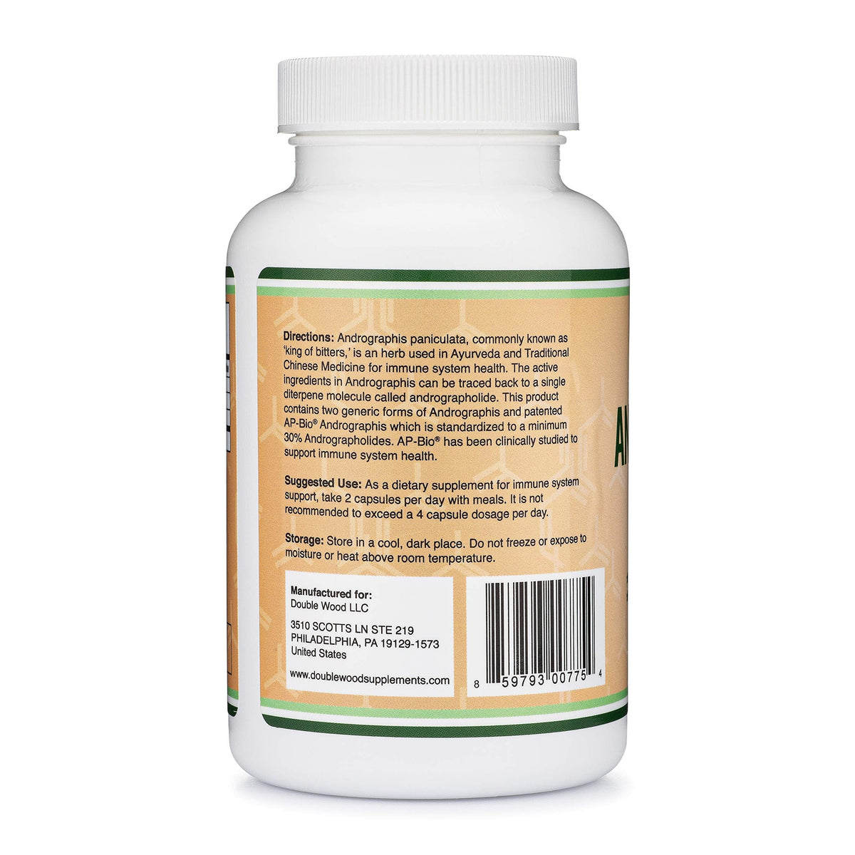 Double Wood Supplements Andrographis clean vegan capsules next to the premium white and blue packaging.