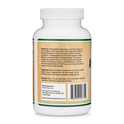 Double Wood Supplements Andrographis clean vegan capsules next to the premium white and blue packaging.