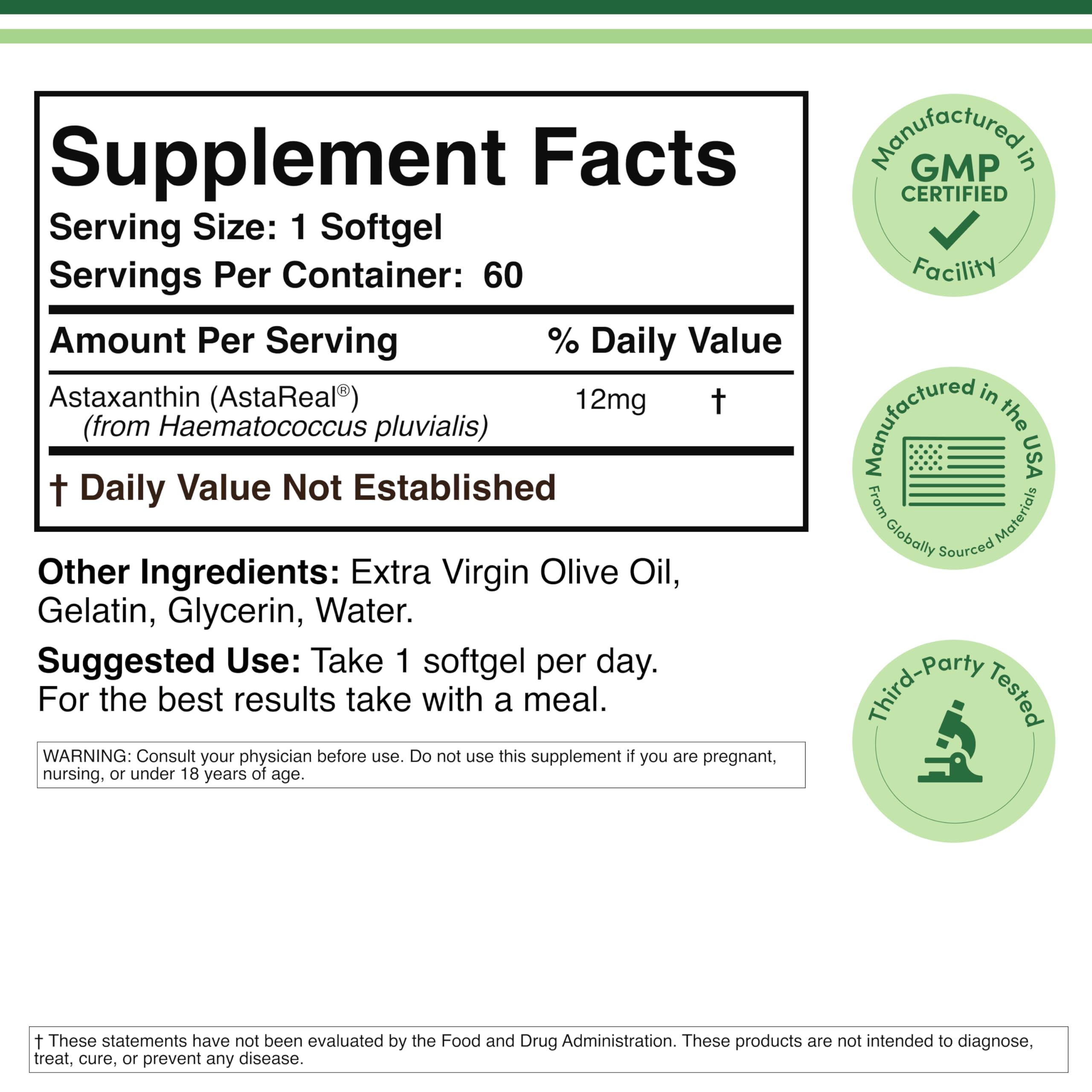 Double Wood Supplements Astaxanthin supplement facts panel with clear ingredient list