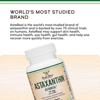 Double Wood Supplements Astaxanthin highlighting the patented AstaReal clinical study seal