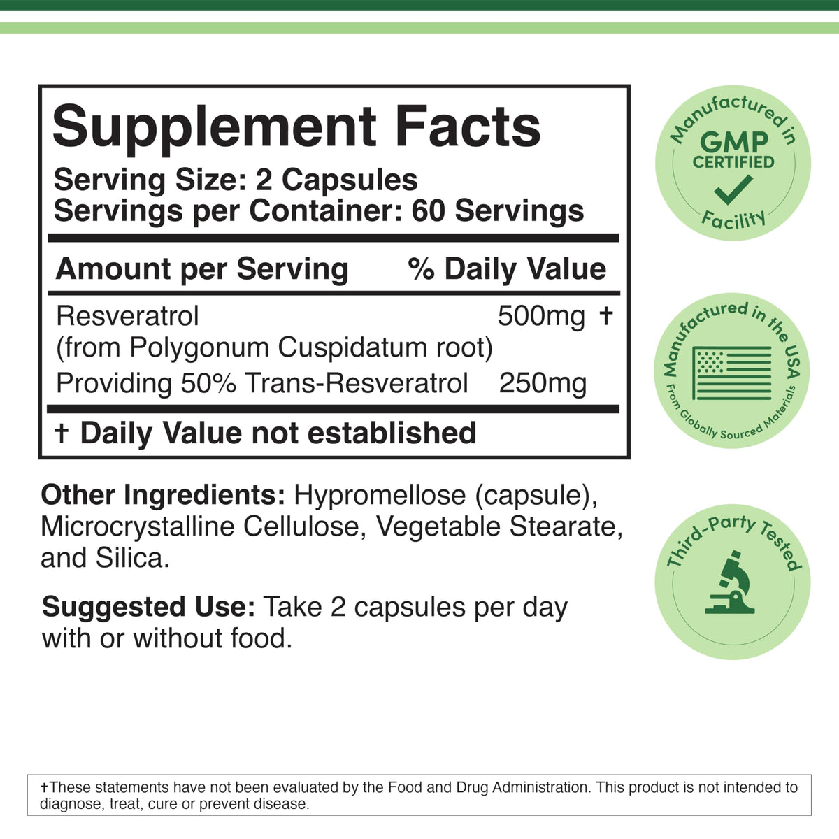 Double Wood Supplements Resveratrol back label with supplement facts