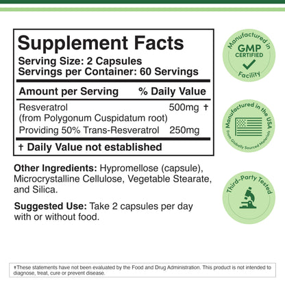 Double Wood Resveratrol 120 capsules supplement facts label