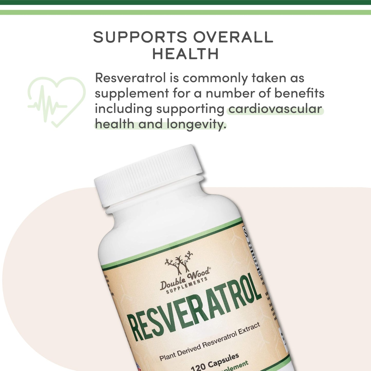 Double Wood Supplements Resveratrol bottle side view showing dosage