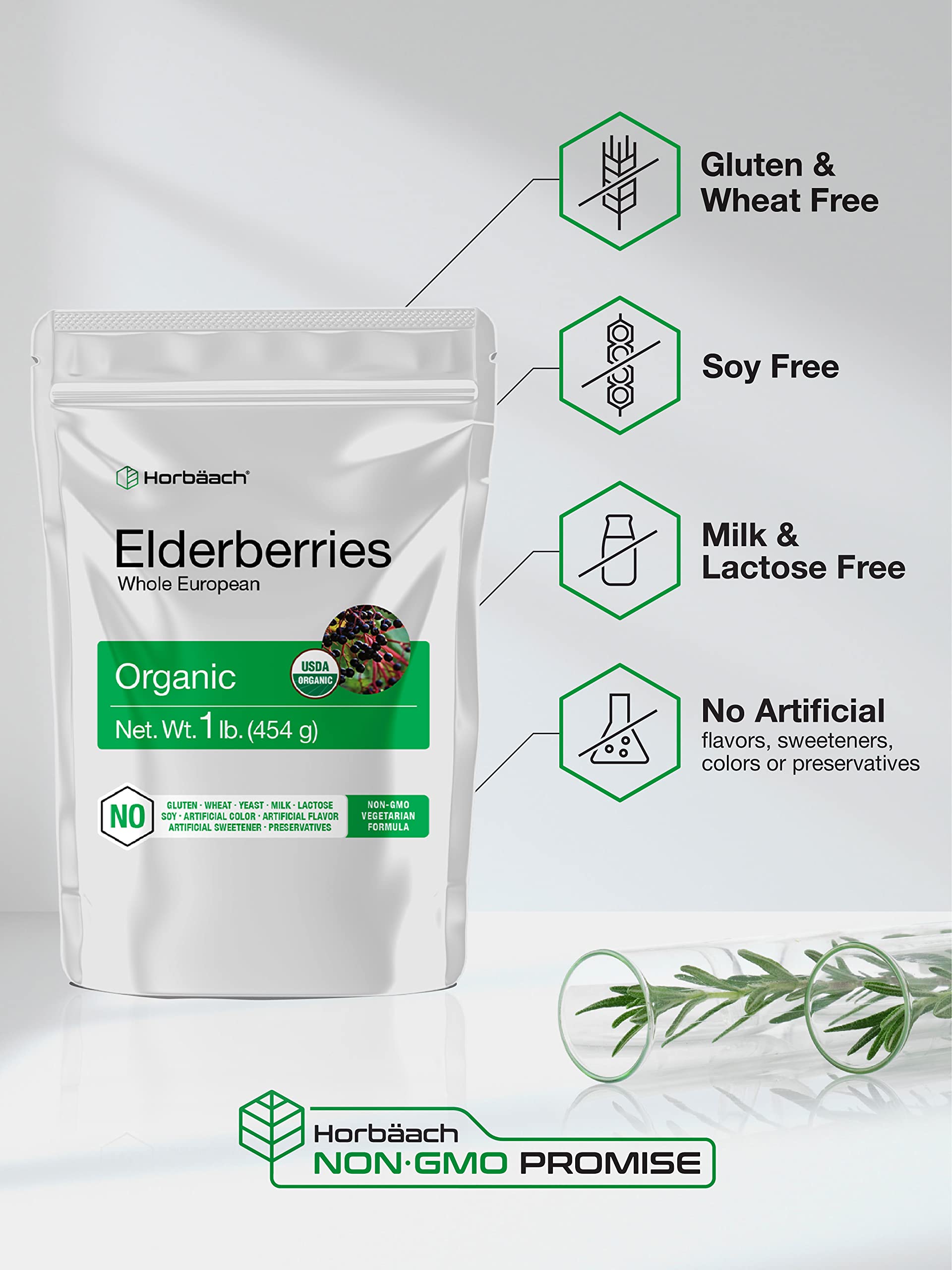 Horbäach organic dried elderberries ingredient list and back label details