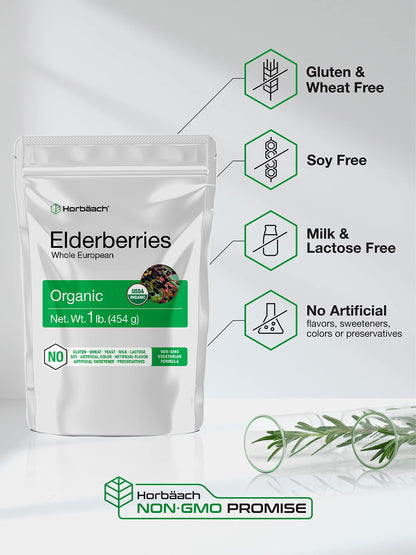 Horbäach organic dried elderberries ingredient list and back label details