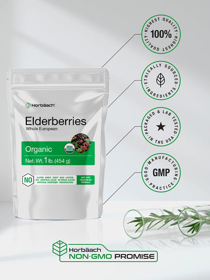 Horbäach black elderberry bulk bag alongside a cup of brewed herbal tea
