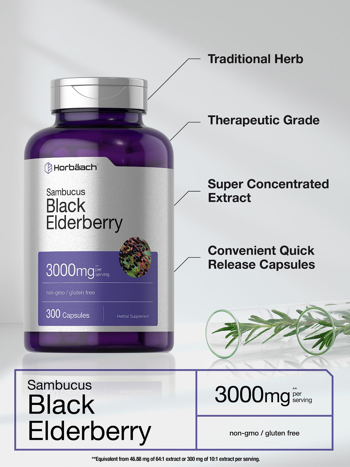 Horbäach non-GMO gluten free elderberry capsules nutrition facts close up view