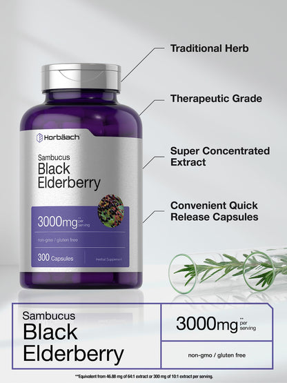Horbäach non-GMO gluten free elderberry capsules nutrition facts close up view