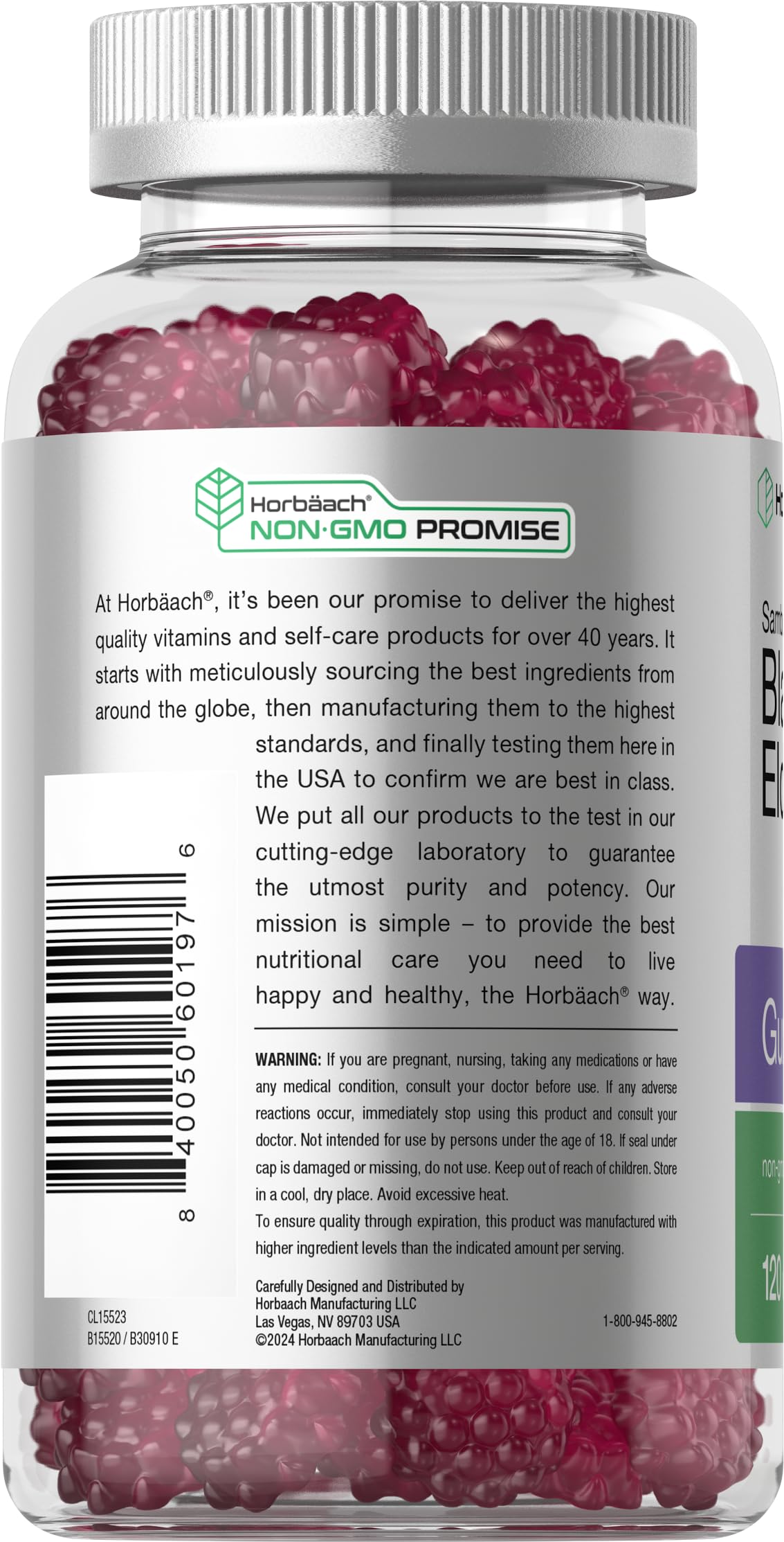Horbäach vegan elderberry supplement with vitamin c and zinc nutritional label