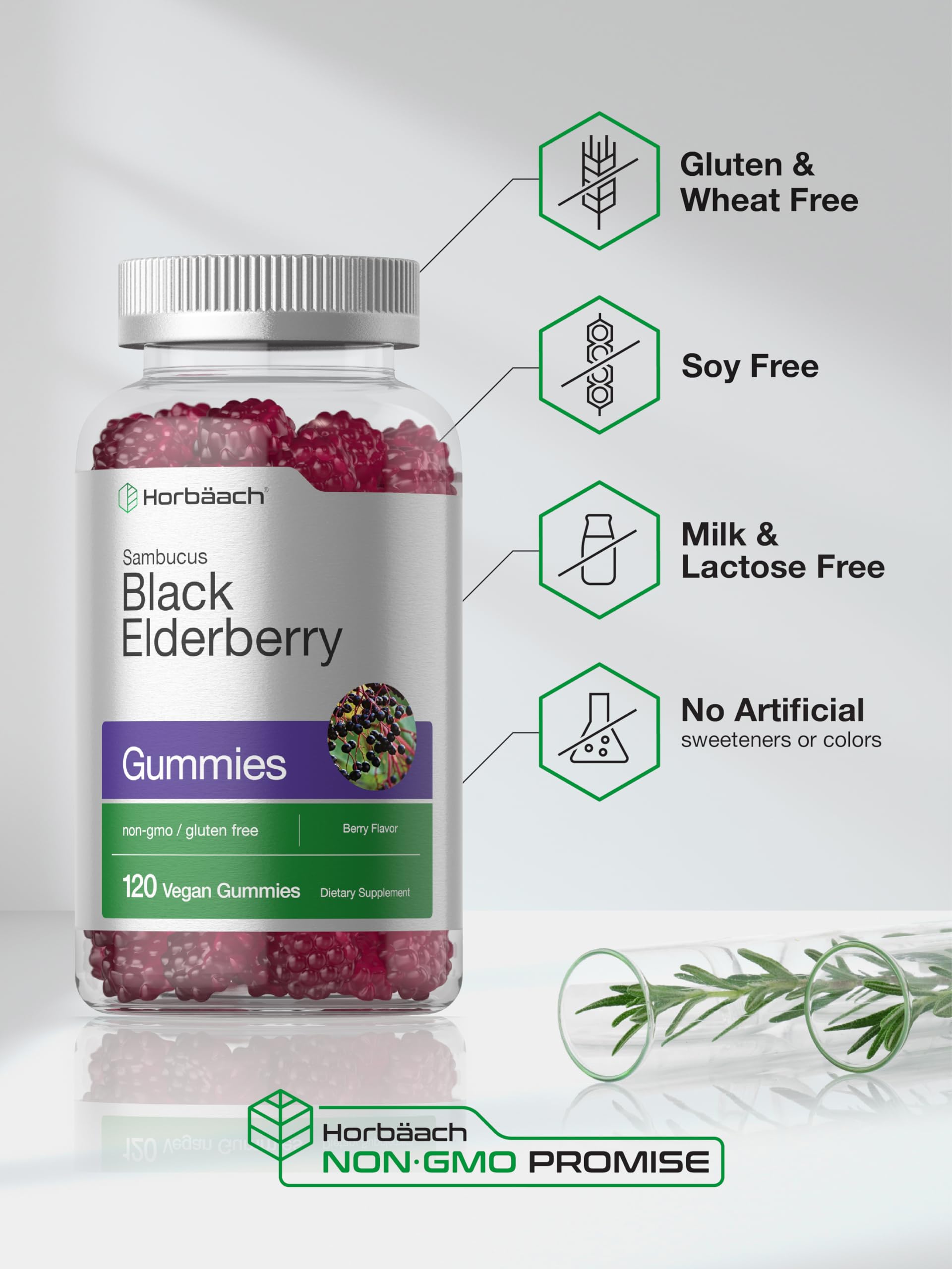 Close up view of authentic Horbäach black elderberry vegan gummies