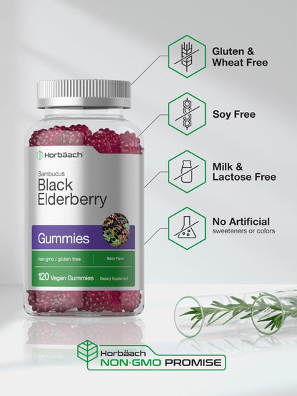 Close up view of authentic Horbäach black elderberry vegan gummies