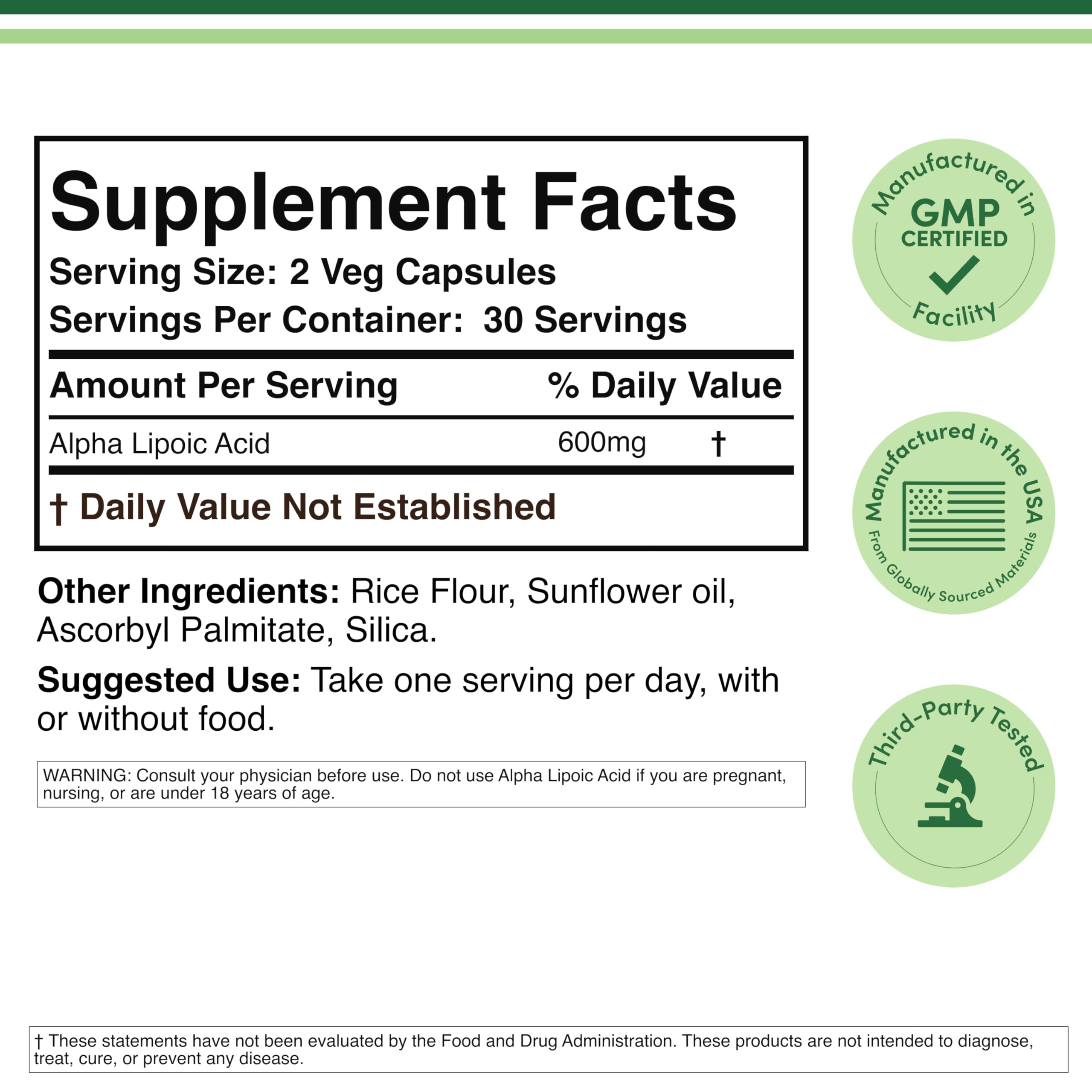 Double Wood Alpha Lipoic Acid 60mg 60 vegetarian capsules supplement facts and ingredient list