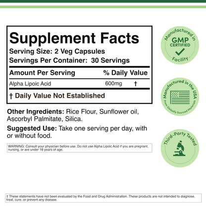 Double Wood Alpha Lipoic Acid 60mg 60 vegetarian capsules supplement facts and ingredient list