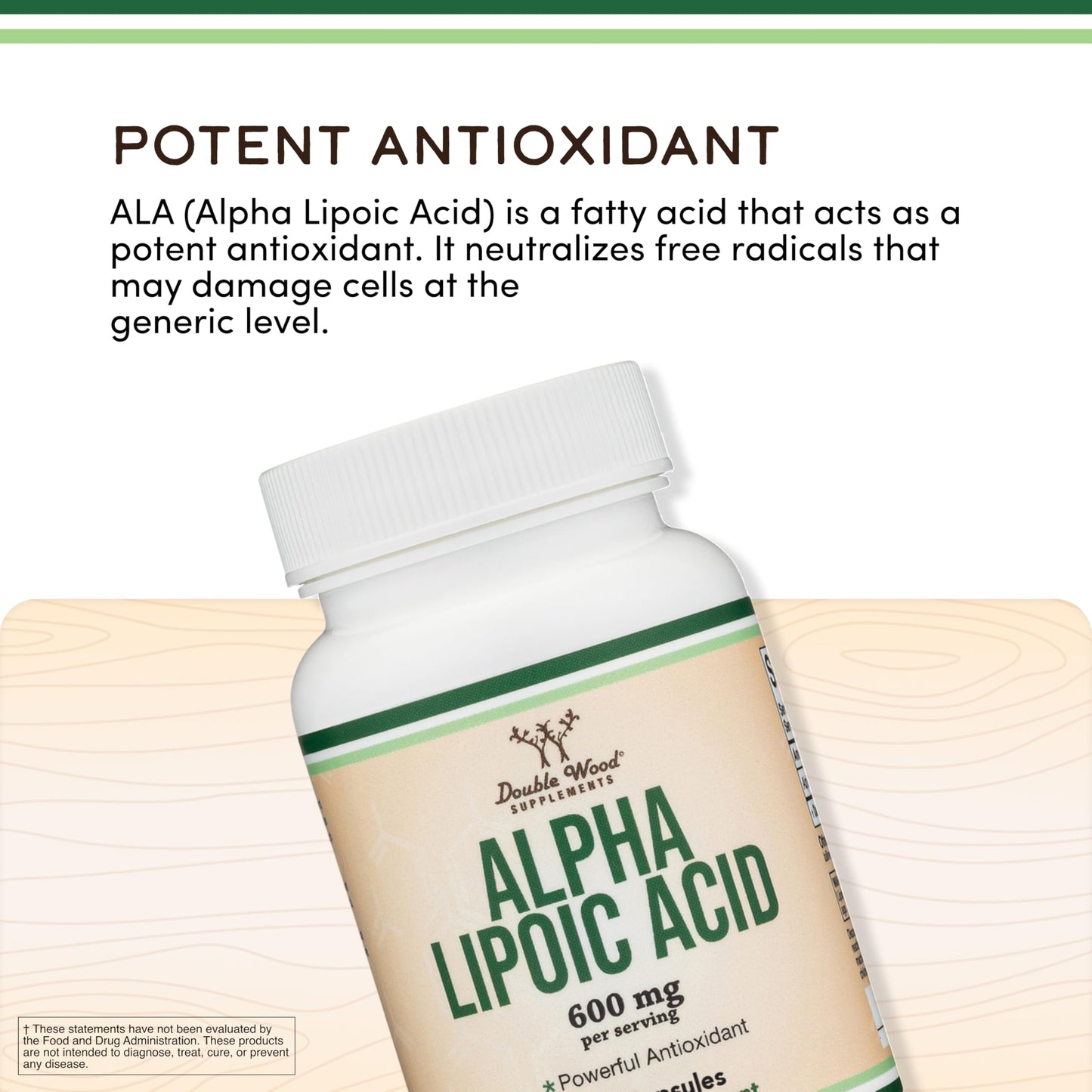 Side view of Double Wood ALA 600mg showing non-GMO and gluten-free dietary highlights