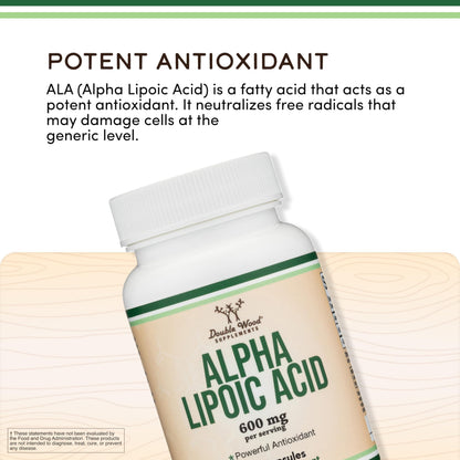 Side view of Double Wood ALA 600mg showing non-GMO and gluten-free dietary highlights