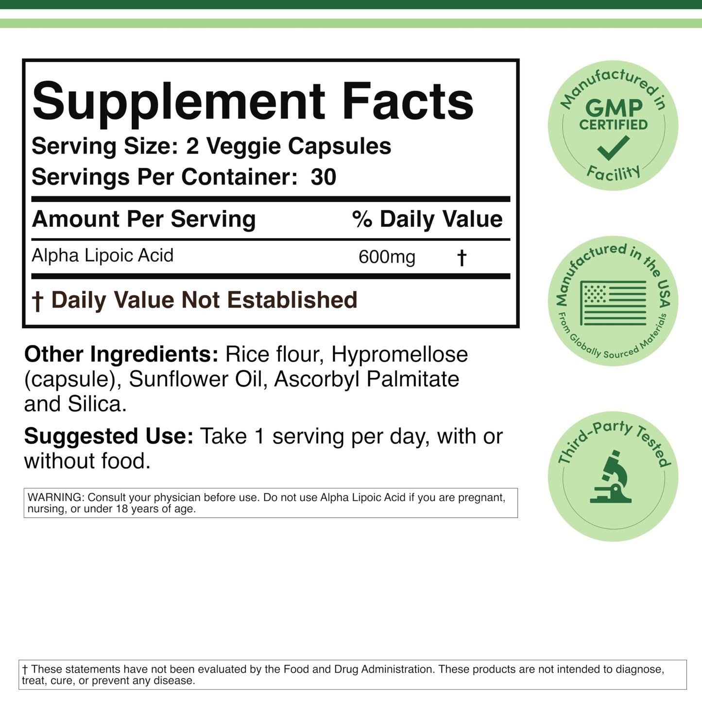 Close up of the third party tested seal on Double Wood Alpha Lipoic Acid 600mg bottle
