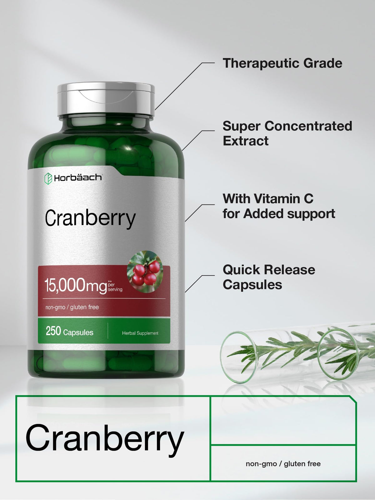 Horbaach Cranberry 15000mg and Vitamin C capsules supplement facts